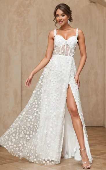 Elegant Floral Beach Bohemian Lace Wedding Dress Semi-Sheer Sparkly Sequins Party Envening Gown with Sexy Front Split
