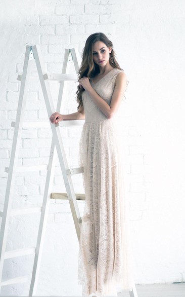 V-Neck Lace Weddig Dress With Appliques And Keyhole Back