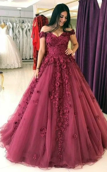 Simple Ball Gown Tulle Off-the-shoulder Sleeveless Evening Dress with Petals