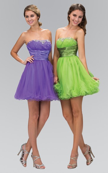 A-Line Short Strapless Sleeveless Tulle Corset Back Dress With Ruffles And Beading