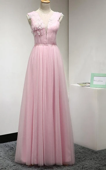 Ruched Sleeveless Floor-length Gown With Beadings and Flower