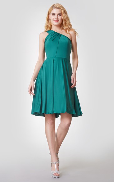 Ruched A-line One Shoulder Short Jersey Dress With Knot