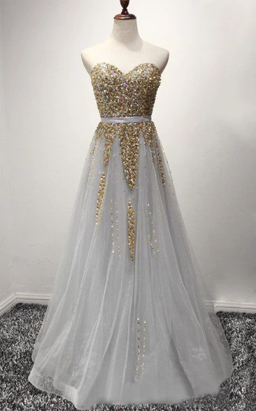 Tulle Long A-line Dress With Sequins