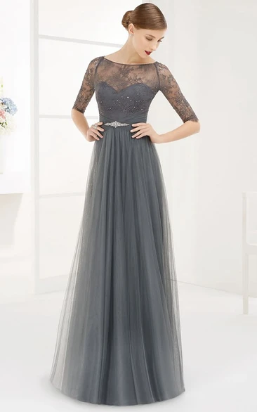 Bateau Half Sleeve Tulle Long Prom Dress With Lace Top And Crystal Waist