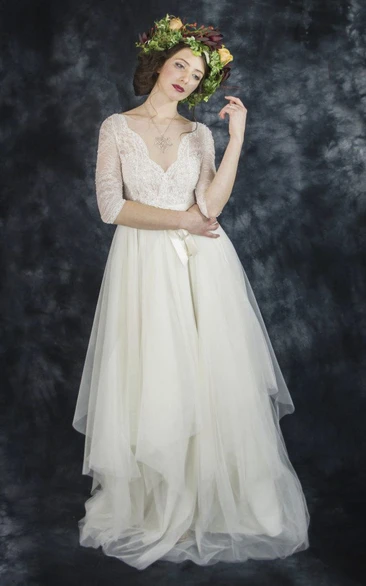 Vintage Tulle Lace V-Neck Half Sleeve Dress With Bow Draping - June Bridals