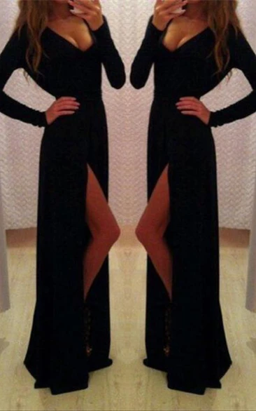 Sexy Black Long Sleeve V-Neck Prom Dresses Front Split Long