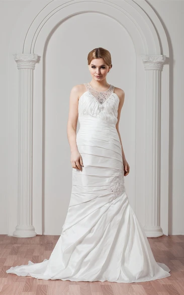 Sleeveless Column Ruched Gown with Appliques and Jeweled Neckline