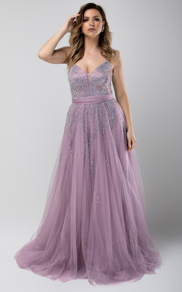 Simple A Line Tulle Floor-length Sleeveless Lace-up Formal Dress with Beading