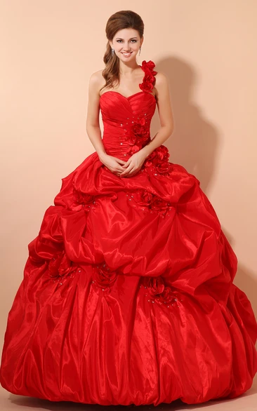 Flamboyant A-Line Sweetheart Sleeveless Ball Gown With Pick-Up Ruffles And Flower