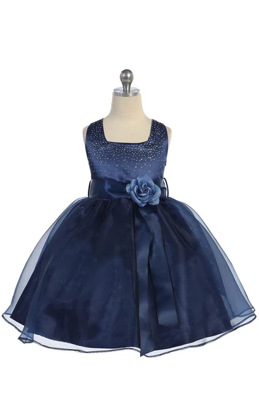 Sleeveless Square Neck Pleated Organza Ball Gown With Floral Belt and Beading