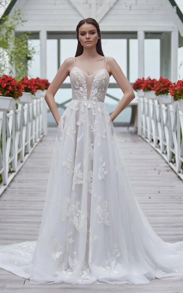 Lace Spaghetti A-Line Garden Wedding Dress With Open Back And Appliques