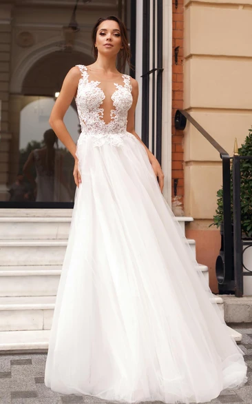 Bohemian Tulle and Lace Scalloped A Line Sweep Train Wedding Dress with Ruching