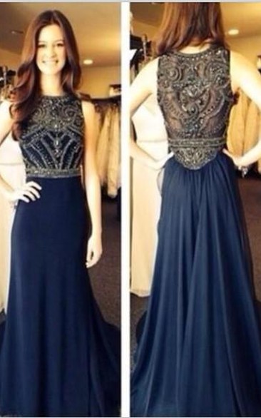 Sexy Sleeveless Navy Prom Dresses Floor Length Chiffon Top Sheer Party Gowns With Beaded Rhinestones