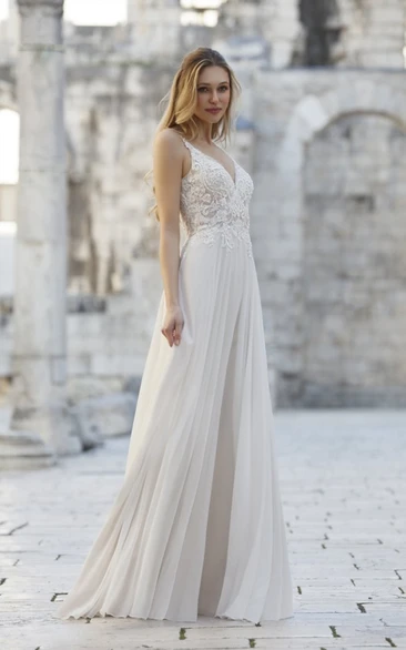 Plunging Neckline A-Line Lace Elegant Pleats Wedding Dress with Deep-V Back