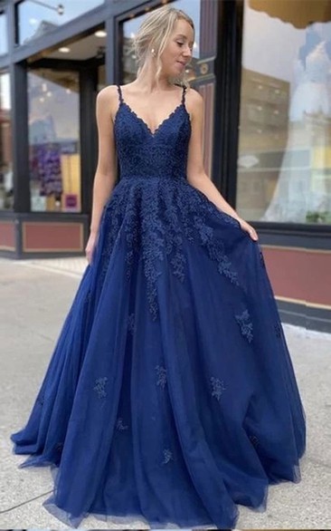 Simple A Line Tulle Spaghetti V-neck Sleeveless Prom Dress with Appliques and Ruffles