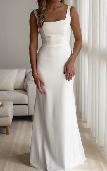 Spring Simple Modest Maxi Sheath Satin Wedding Dress Romantic Minimalist Square Neckline Zipper Back Gown