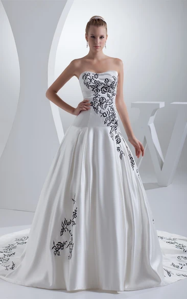 Strapless Embroidered Satin Ball Gown with Ruching and Court Train