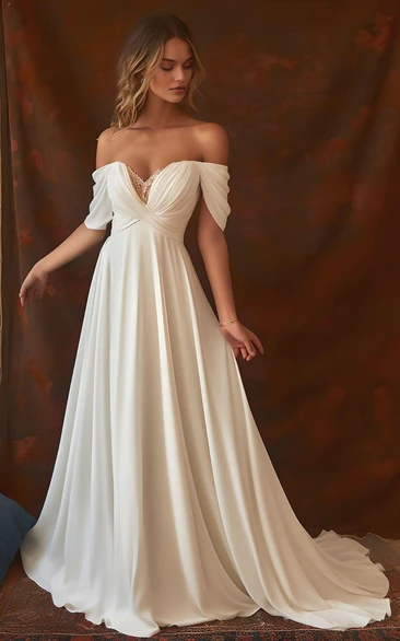 A-Line Chiffon Sleeveless Wedding Dress with Ruching 2024 Floor Length Off-the-shoulder Country Garden Sweep Train Elegant Simple