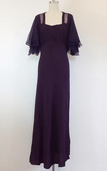 30S Deep Purple Crepe Bias Cut Maxi 1930S Sheer Angel Sleeve Evening Gown Medium Size 8 Dress