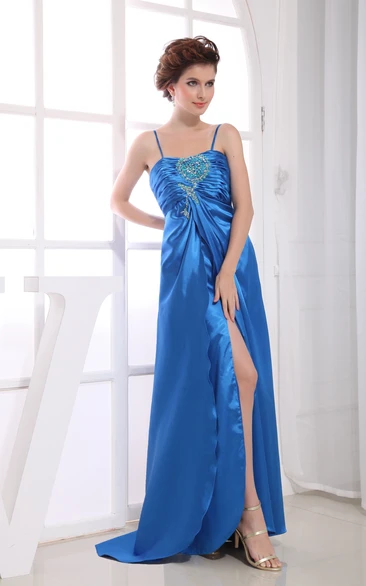 Alluring Satin Ruched With Side Slit and Beading