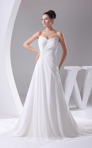 Strapless Chiffon Maxi Dress With Central Ruching and Beading