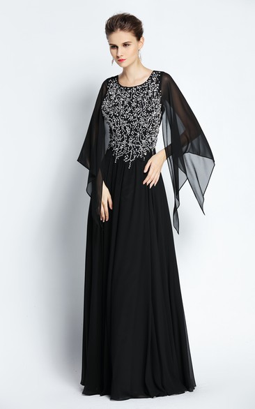 A-Line Jewel Bat Long Sleeve Floor-length Chiffon Prom Dress with Beading and Low-V Back