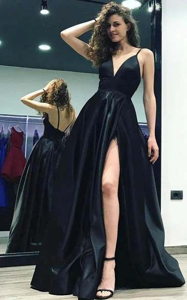 Deep V Neck Split Side Black Sweep Train Satin Backless Prom Dress