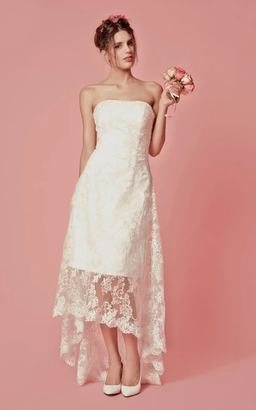 Simple Strapless High Low Lace Wedding Dress