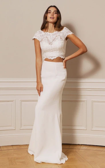 Elegant Chiffon Lace Scalloped Two Piece Floor-length Button Wedding Dress