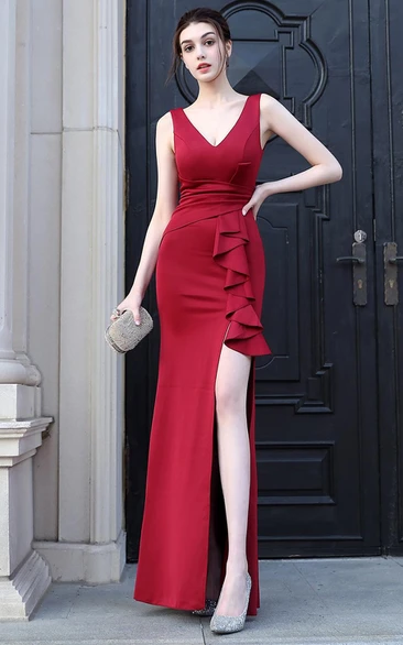 V-neck Sheath Satin Prom Dress with Ruffles and Split Front