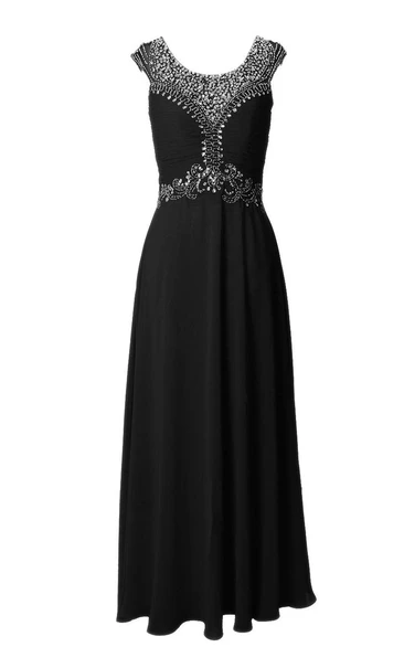 Cap-sleeved Chiffon Dress With Beading and Illusion Back