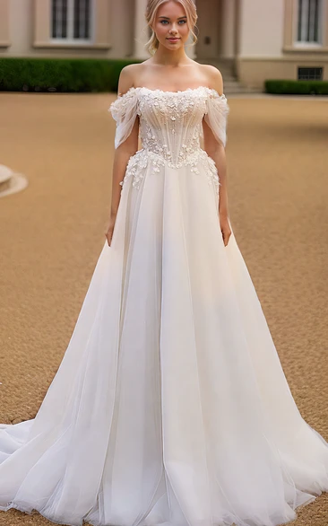 Sexy Garden Off-the-shoulder A-Line Lace Tulle Wedding Dress Elegant Romantic Plus Size Floor-length Appliques Bridal Gown with Train Backless V Back