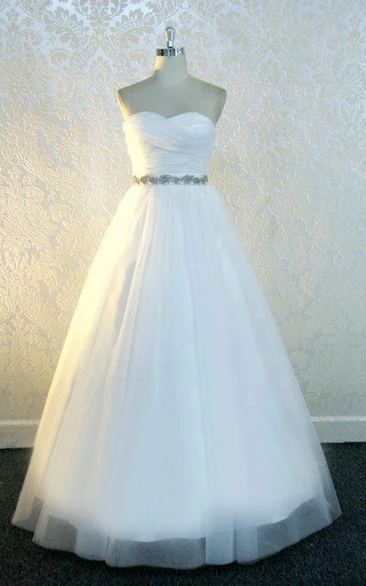 Sweetheart Lace-Up Back Long Tulle Wedding Dress With Sash And Crystal Detailing