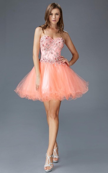 A-Line Short Sweetheart Sleeveless Tulle Satin Corset Back Dress With Beading