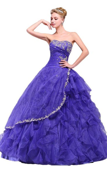 Strapless Ball Gown With Ruffles and Appliques