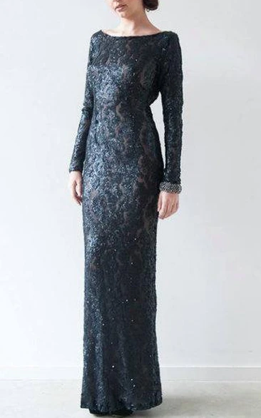Sheath Scoop Long Sleeve Dress With Appliques And Deep-V Back