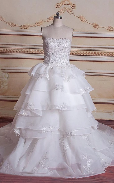 Ball Gown Chapel Train Tulle Lace Organza Satin Dress With Beading Appliques