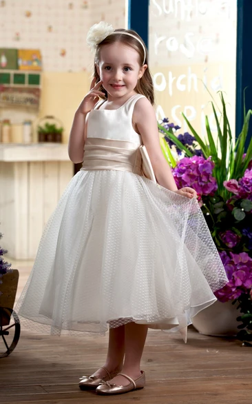 Square-Neck Sleeveless Tea-Length Flower Girl Dress With Ruched Waist