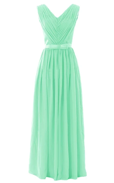 V-neck Pleated Chiffon A-line Gown With Bow