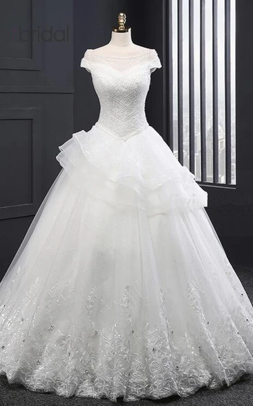Bateau Neck Short Sleeve A-line Wedding Dress With Beading And Tiers