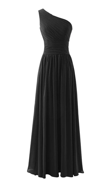 One-shoulder A-line Long Pleated Chiffon Gown