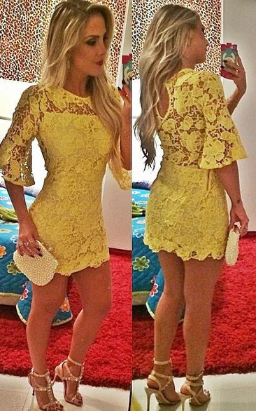 Sexy Short Yellow Cocktail Dress Lace Half Sleeve