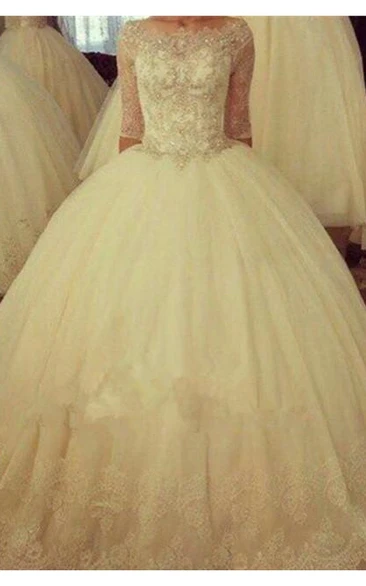 Delicate Half Sleeve Tulle Lace Wedding Dress Ball Gown