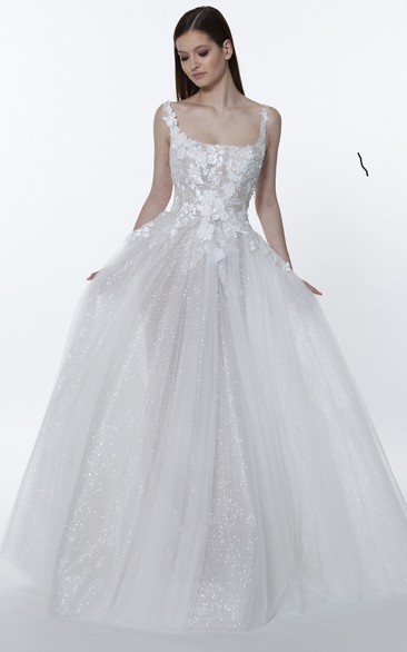 Modern Square Sleeveless Floor-length Tulle A Line Wedding Dress with Appliques