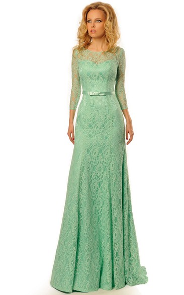 Scoop-neck 3-4-sleeve Lace Pleated Dress With Low-V Back And Sweep Train