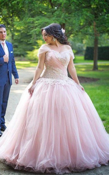 Ball Gown Off-the-shoulder Sleeveless Applique Floor Length Tulle Plus Size Dress