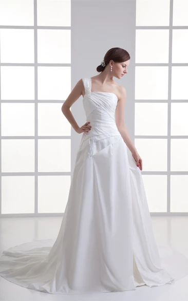 One-Shoulder Ruched A-Line Gown with Side Draping