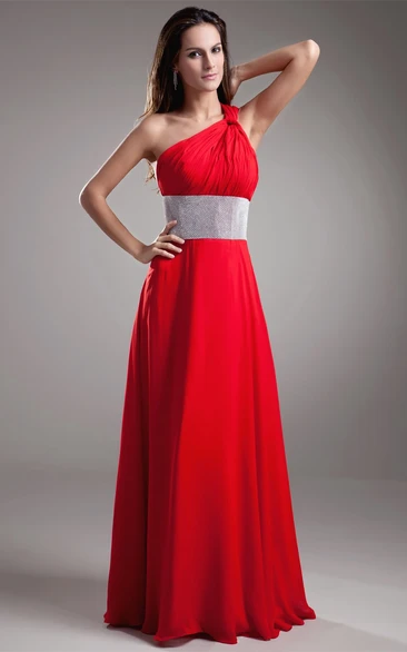 Flamboyant Chiffon One-Shoulder Long Dress with Jeweled Waist