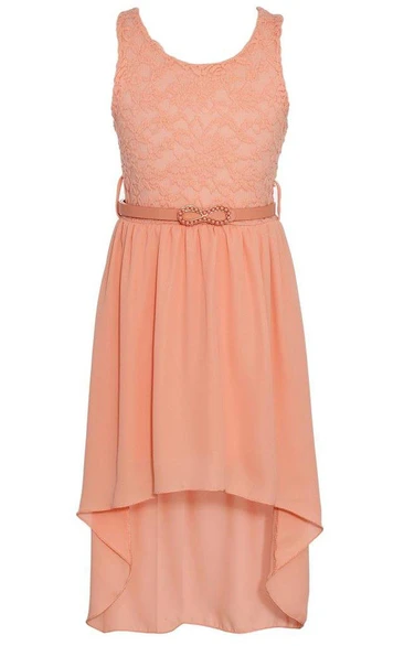 Sleeveless High-low Dress With Lace Bodice and Belt
