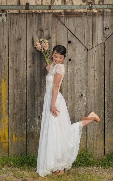 Jewel Neck Cap Sleeve A-Line Chiffon Wedding Dress With Lace Hemline